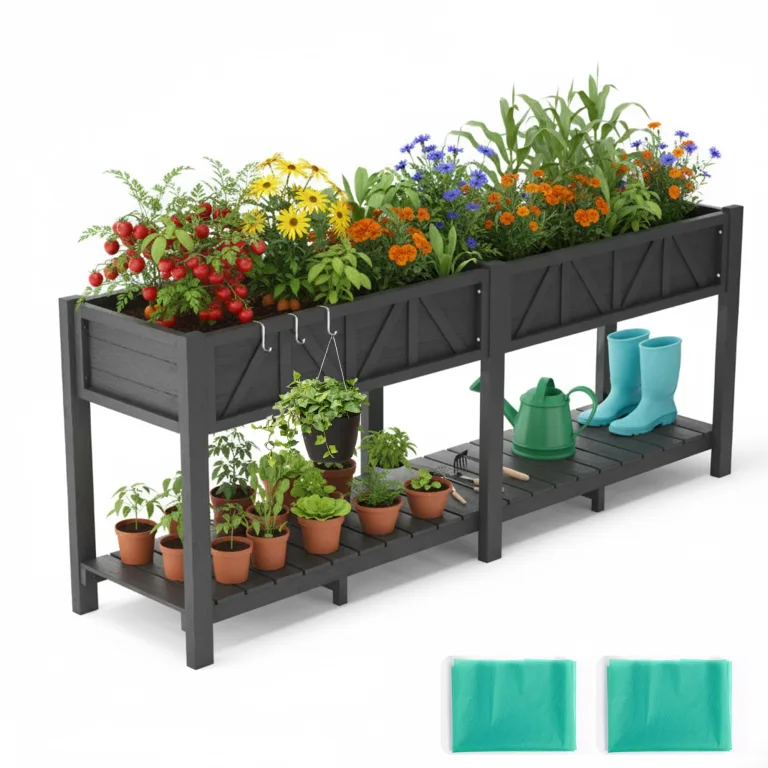 Hochbeet 120x44x70cm, HIPS Hochbeet mit Rollen & Griff, 3 Haken & Vlieseinlage, Für Gemüse Blumen Kräuter, Garten Balkon Terrasse,3pcs Grau – Bild 10