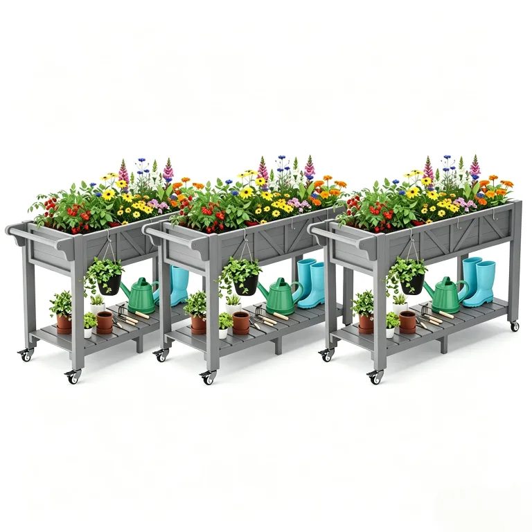 Hochbeet 120x44x70cm, HIPS Hochbeet mit Rollen & Griff, 3 Haken & Vlieseinlage, Für Gemüse Blumen Kräuter, Garten Balkon Terrasse,3pcs Grau – Bild 1