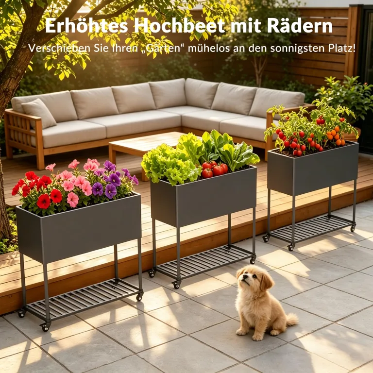Metall Hochbeet mit Rädern und Ablage (97 * 38 * 92cm, Schwarz) | Drainage-Loch, Rostschutz-Beschichtung, Innen & outdoor,für Balkon, Terrasse & Garten – Bild 8