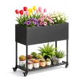 Metall Hochbeet mit Rädern und Ablage (97 * 38 * 92cm, Schwarz) | Drainage-Loch, Rostschutz-Beschichtung, Innen & outdoor，für Balkon, Terrasse & Garten - Thumbnail 1
