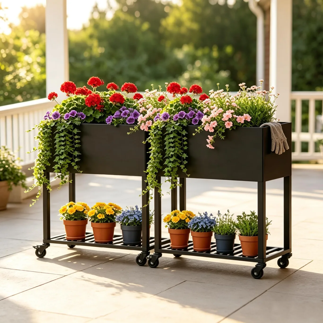 Metall Hochbeet 97 * 38 * 92 cm 2pcs,Wetterfestes Pflanzkübel Außen mit Ablagefach, Für Gemüse Blumen Kräuter, Garten Balkon Terrasse,schwarz - Bild 1