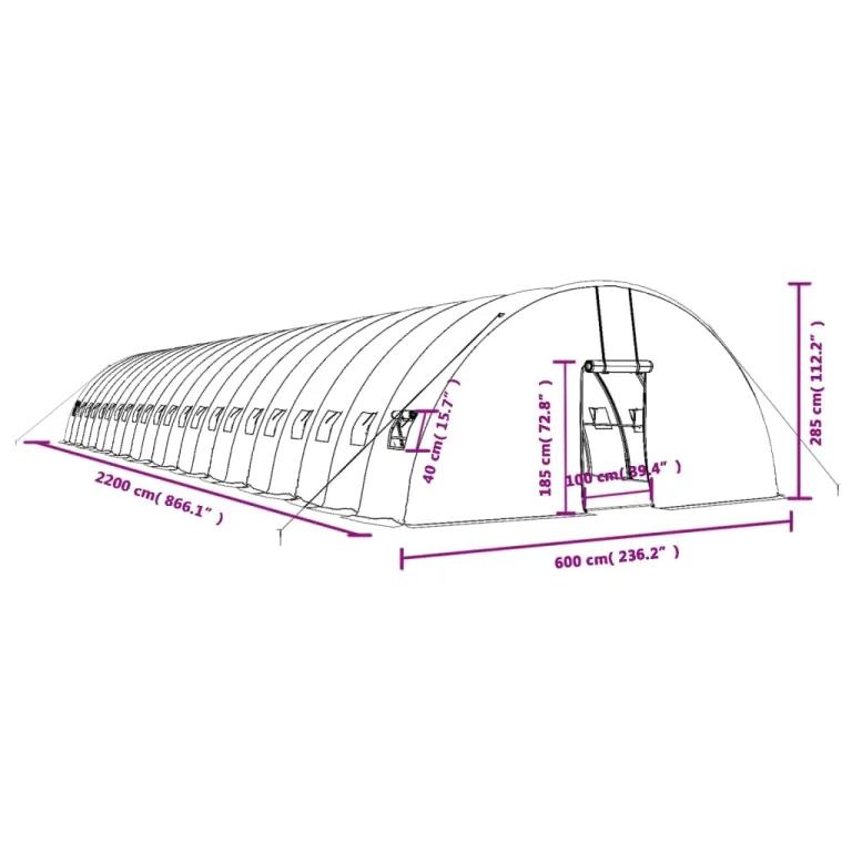 Gewächshaus mit Stahlrahmen und PE-Abdeckung Grün 132 m² 22x6x2,85 m mit Fenstern und Tür für Gemüseanbau, Tomatenhaus, Pflanzenhaus, Belüftung, frostgeschützt, wetterfest, Balkon, Terrasse – Bild 9