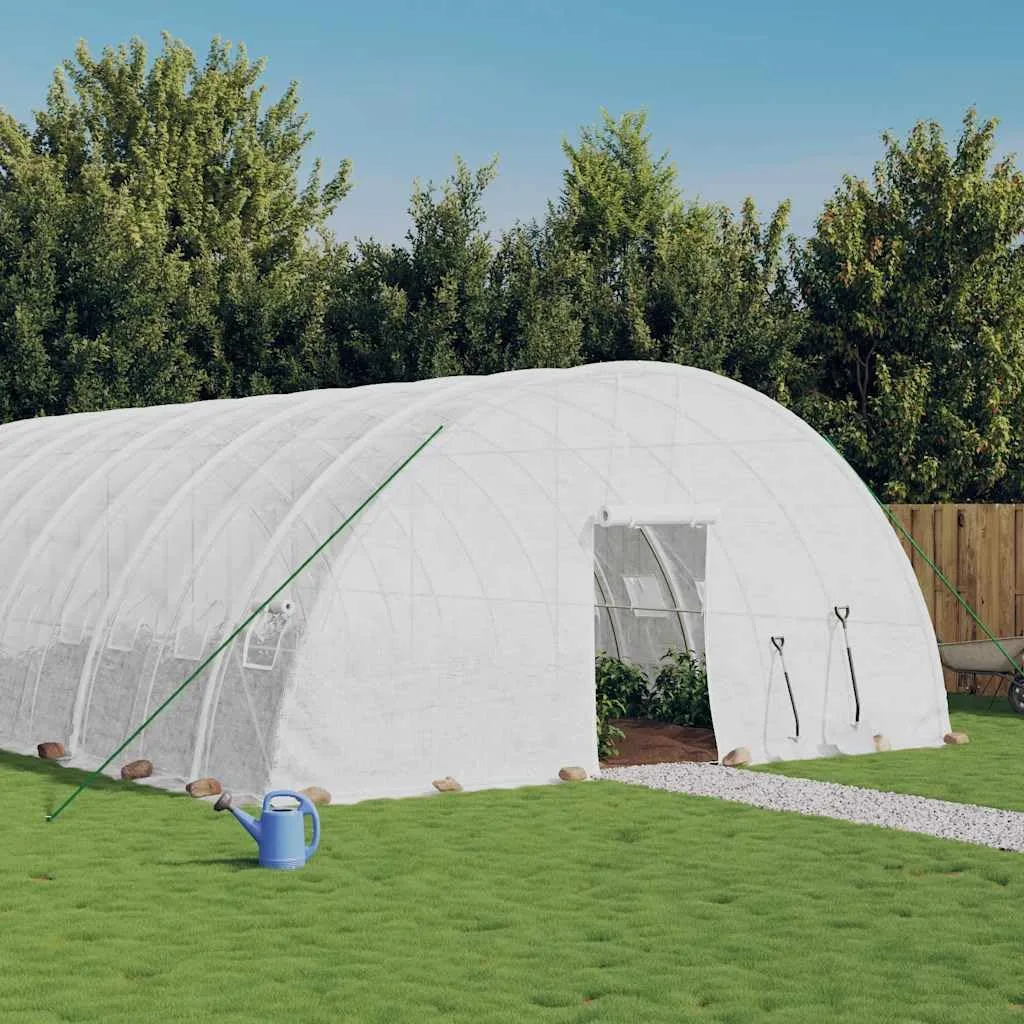 Gewächshaus mit Stahlrahmen Weiß 16x6x2,85 m 96 m² mit PE-Abdeckung, aufrollbaren Fenstern und Reißverschlüssen für Gemüseanbau, Pflanzenhaus, Tomatenhaus, Frühbeet, wetterfest, belüftet - Bild 1