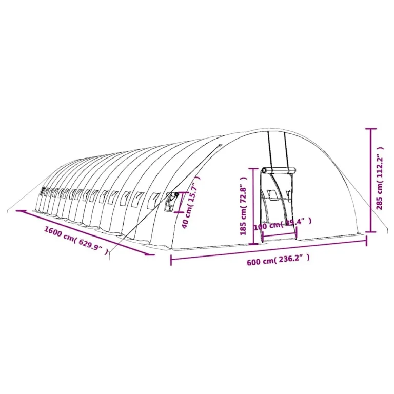 Gewächshaus mit Stahlrahmen und PE-Abdeckung Grün 96 m² 16x6x2,85 m, mit 4 aufrollbaren Fenstern und Reißverschluss-Tür, wetterfestes Pflanzenhaus für Gemüseanbau und Tomatenüberwinterung im – Bild 9