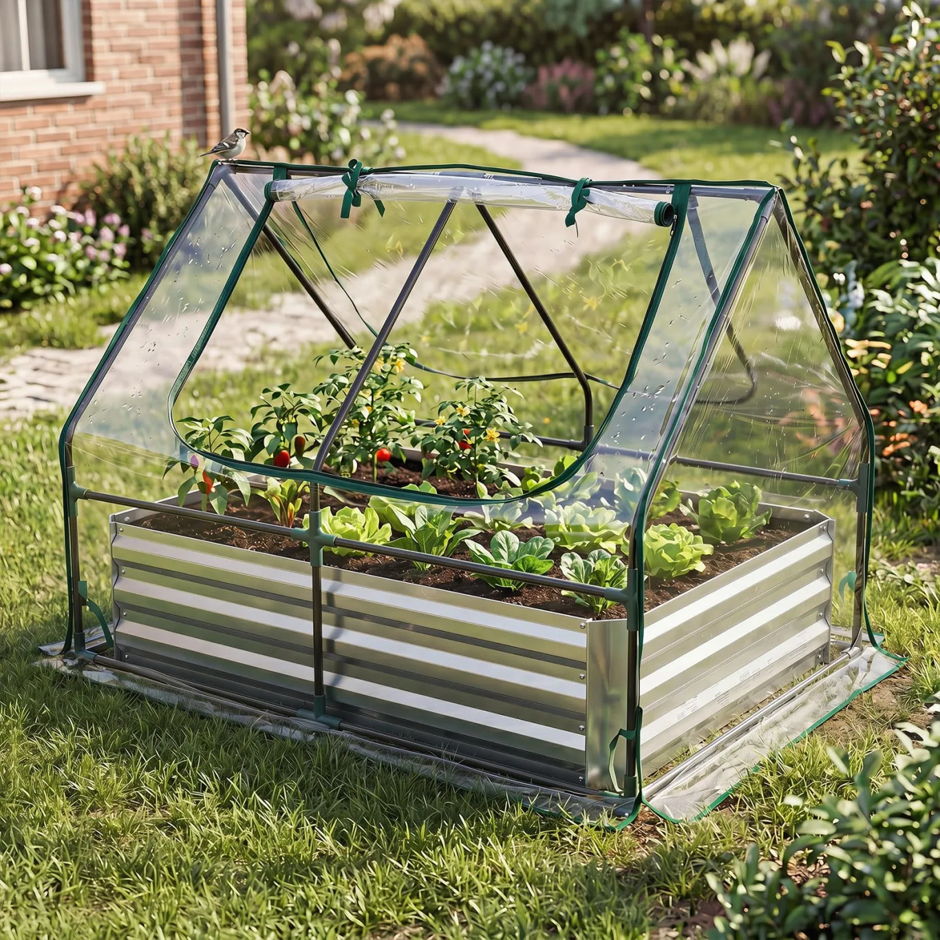 COSTWAY 3 in 1 Gewächshaus mit Hochbeet, Metall Pflanzkasten, PVC-Folie, Blumenbeet mit Zwei Fenstern, Rechteckiges Frühbeet für Blumen, Kräuter im Garten, Terrasse und Balkon (127 x 97 x 93 cm) - Bild 1