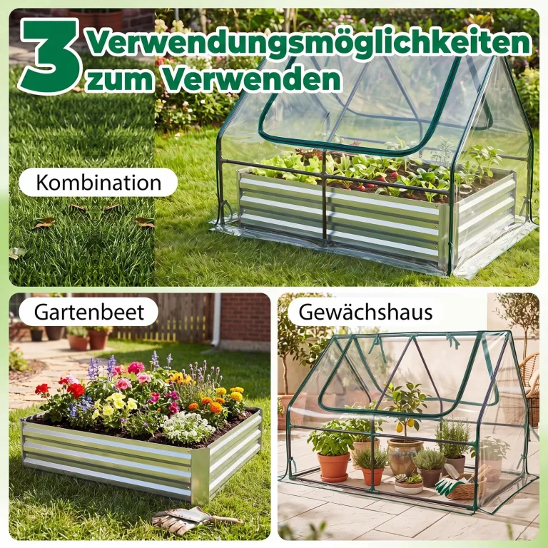 COSTWAY 3 in 1 Gewächshaus mit Hochbeet, Metall Pflanzkasten, PVC-Folie, Blumenbeet mit Zwei Fenstern, Rechteckiges Frühbeet für Blumen, Kräuter im Garten, Terrasse und Balkon (127 x 97 x 93 cm) – Bild 2