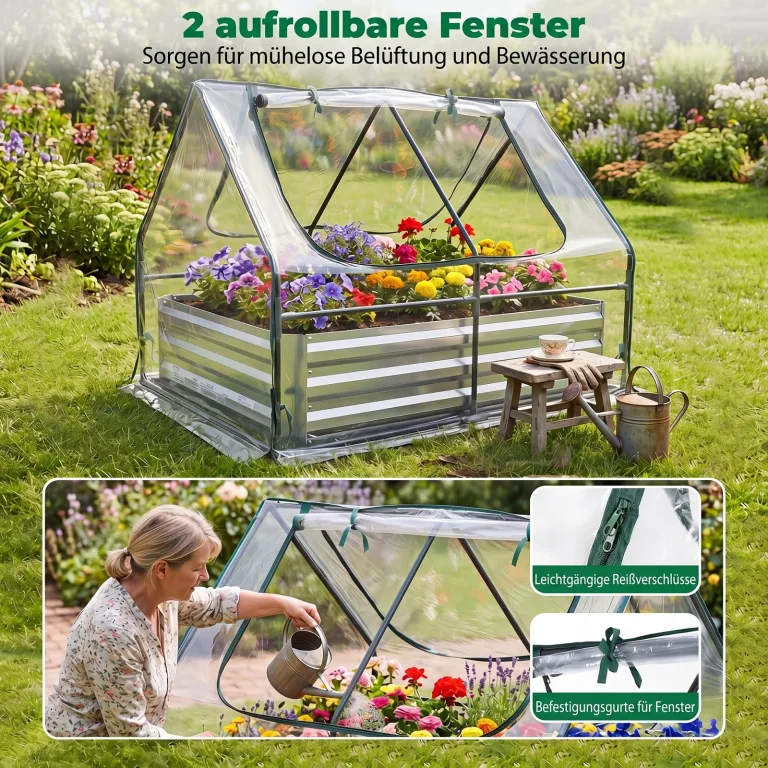 COSTWAY 3 in 1 Gewächshaus mit Hochbeet, Metall Pflanzkasten, PVC-Folie, Blumenbeet mit Zwei Fenstern, Rechteckiges Frühbeet für Blumen, Kräuter im Garten, Terrasse und Balkon (127 x 97 x 93 cm) – Bild 7
