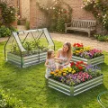 COSTWAY 3 in 1 Gewächshaus mit Hochbeet, Metall Pflanzkasten, PVC-Folie, Blumenbeet mit Zwei Fenstern, Rechteckiges Frühbeet für Blumen, Kräuter im Garten, Terrasse und Balkon (127 x 97 x 93 cm) - Thumbnail 8