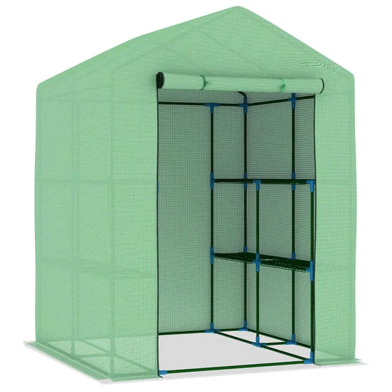 Gewächshaus mit Ablagen Stahl Grün 143x143x195 cm Garten Treibhaus mit Tür Regal Pflanzen Schutz Outdoor Beet Frühbeet Überwintern Gemüse Tomaten Frostschutz Wärme Klima – Bild 2