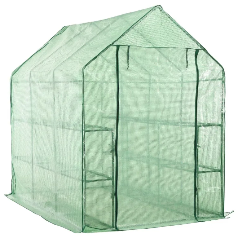 Begehbares Gewächshaus mit 12 Regalen Stahlrahmen 143 x 214 x 196 cm grüne, reißfeste PE-Folie mit Reißverschlusstür für Pflanzen, Garten, Anzucht, frostgeschützt, wetterfest, Outdoor – Bild 1