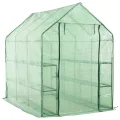 Begehbares Gewächshaus mit 12 Regalen Stahlrahmen 143 x 214 x 196 cm grüne, reißfeste PE-Folie mit Reißverschlusstür für Pflanzen, Garten, Anzucht, frostgeschützt, wetterfest, Outdoor - Thumbnail 1