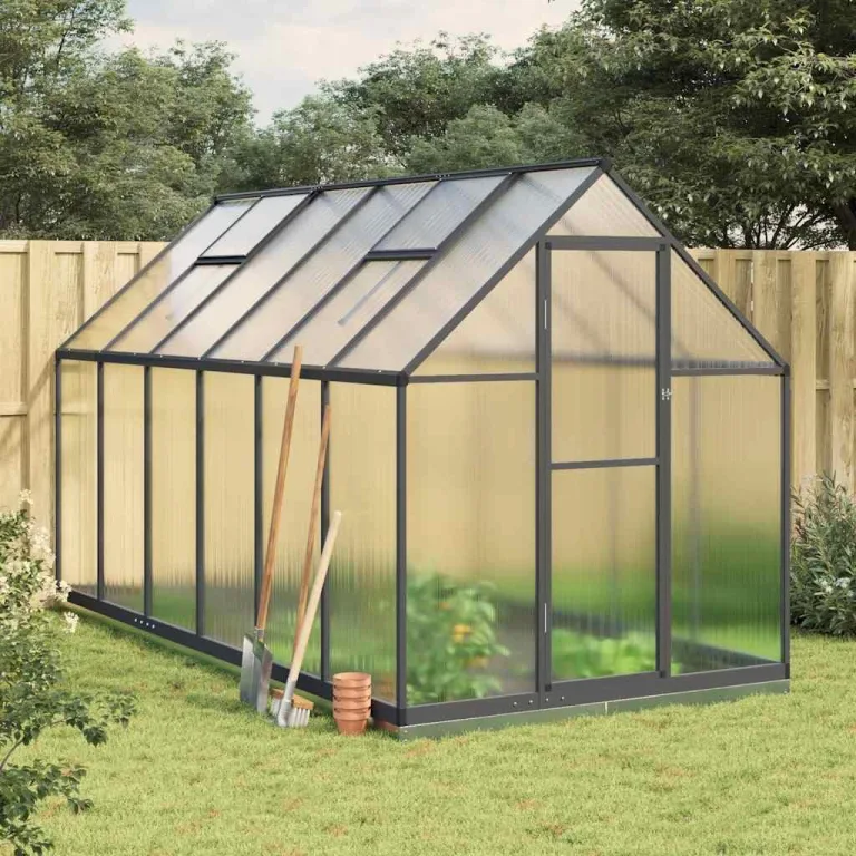 Gewächshaus mit Fundamentrahmen Anthrazit 334x169x202 cm Alu mit UV-beständigen Polycarbonatplatten für Garten und Terrasse, wetterfestes Treibhaus mit Lüftungsfenster und Flügeltür – Bild 1