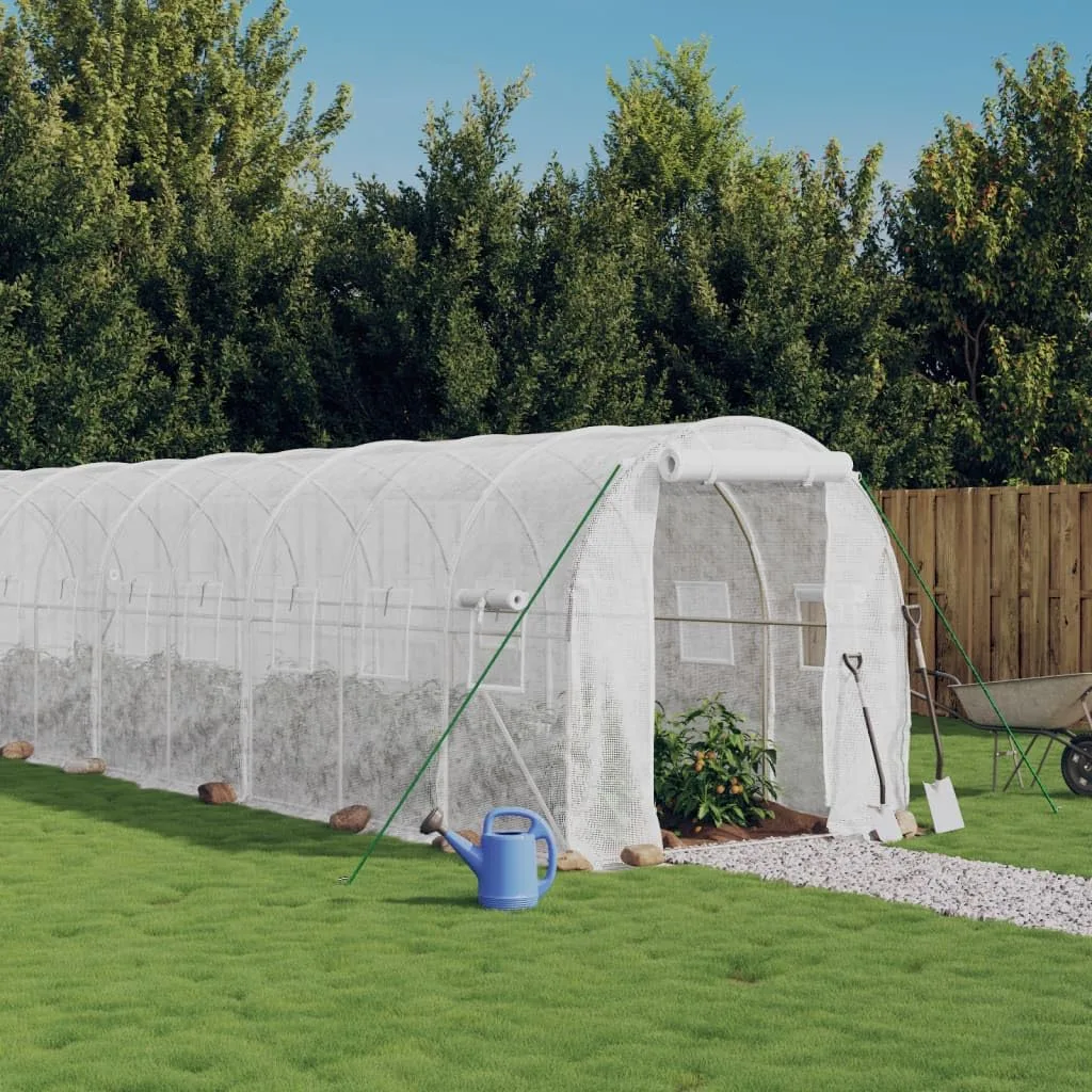 Gewächshaus mit Stahlrahmen Weiß 28 m² 14x2x2 m mit PE-Folie, aufrollbaren Fenstern und Tür, wetterfestes Treibhaus für Garten, Gemüse, Pflanzen, Frühbeet und Frostschutz - Bild 1