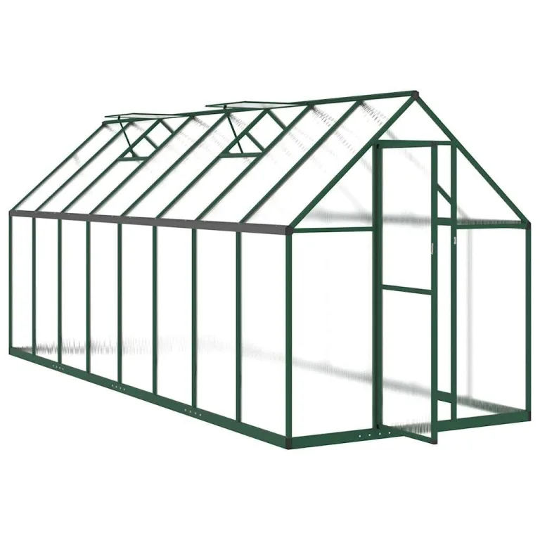 Gewächshaus mit Aluminium Rahmen und Fundamentrahmen 445x169x195 cm, UV-beständiges Polycarbonat Treibhaus für Garten und Terrasse mit Lüftungsfenster, Tür und wetterfestem Pflanzen Schutz – Bild 5