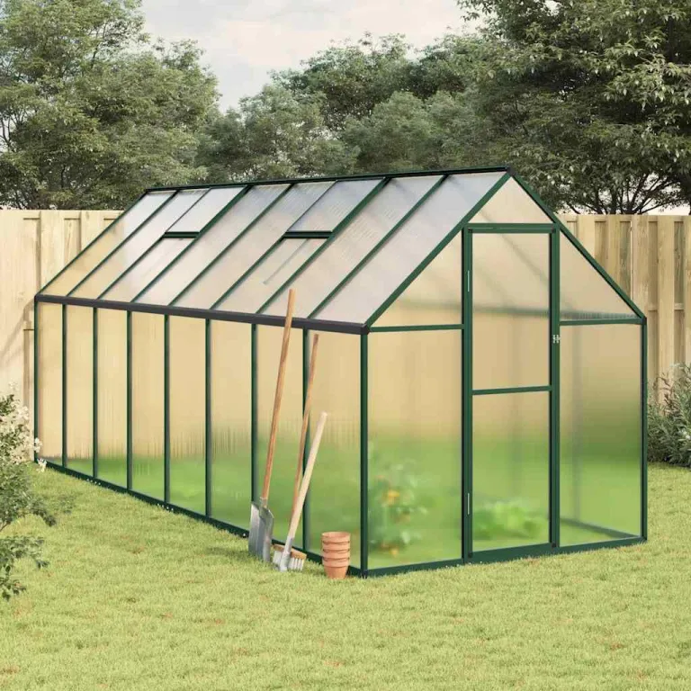 Gewächshaus mit Aluminium Rahmen und Fundamentrahmen 445x169x195 cm, UV-beständiges Polycarbonat Treibhaus für Garten und Terrasse mit Lüftungsfenster, Tür und wetterfestem Pflanzen Schutz – Bild 1