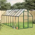 Gewächshaus mit Aluminium Rahmen und Fundamentrahmen 445x169x195 cm, UV-beständiges Polycarbonat Treibhaus für Garten und Terrasse mit Lüftungsfenster, Tür und wetterfestem Pflanzen Schutz - Thumbnail 1