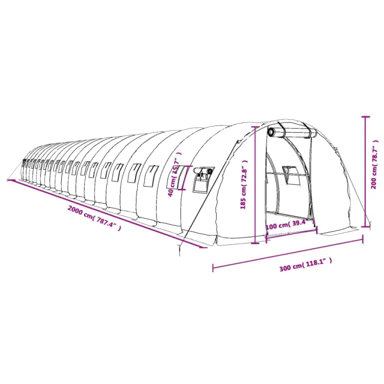 Gewächshaus mit Stahlrahmen grün 60 m² 20x3x2 m, UV-beständige PE-Folie, aufrollbare Fenster und Tür, wetterfest für Outdoor Garten, Gemüse Anzucht, Frostschutz, Tomaten und Pflanzen Schutz – Bild 9