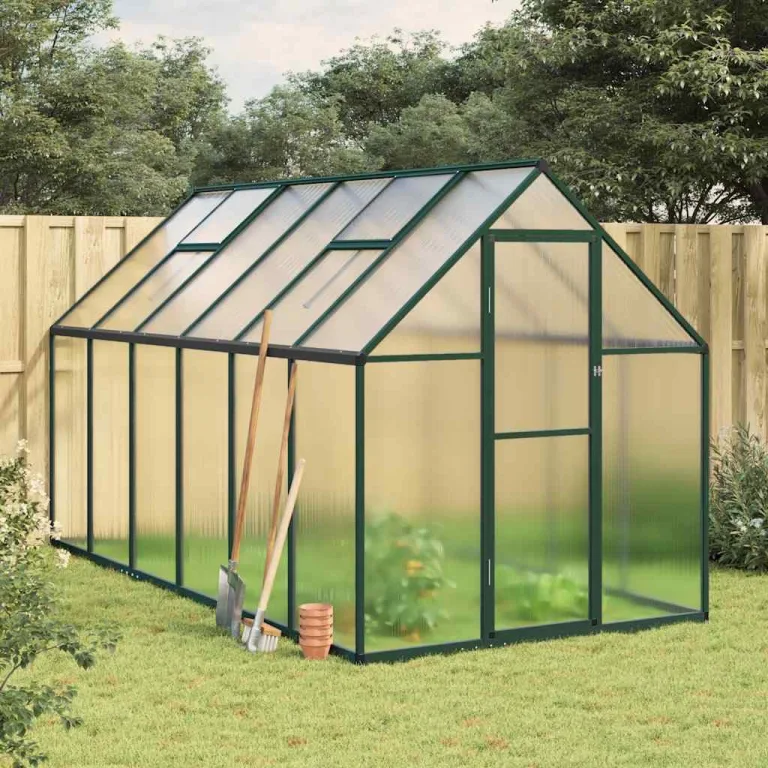 Gewächshaus mit Fundamentrahmen Grün 334x169x195 cm Aluminium Polycarbonat Treibhaus Gartenhaus mit Lüftungsfenster und Flügeltür zur Pflanzenanzucht und Frostschutz im Outdoor Beet – Bild 1