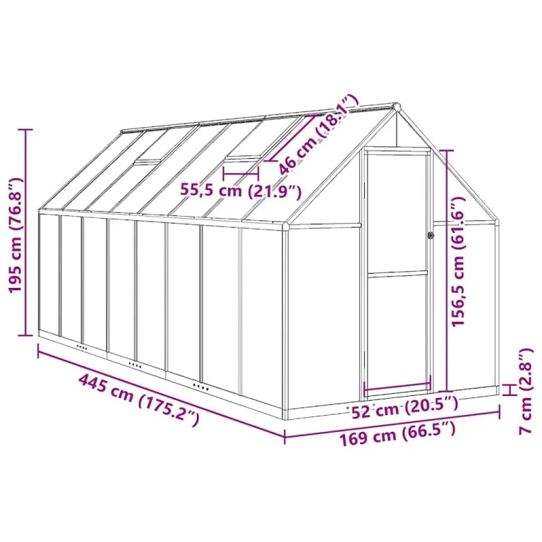 Gewächshaus mit Fundamentrahmen Anthrazit 445x169x195 cm Alu UV-beständig Polycarbonat Treibhaus mit Lüftungsfenster und Flügeltür für Garten Frühbeet Pflanzen Schutz und Überwintern – Bild 8