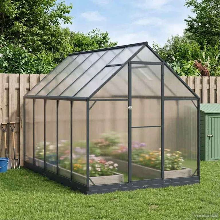 Garten Gewächshaus aus Aluminium und verzinktem Stahl Anthrazit mit Tür 183,5 x 243,5 x 207 cm wetterfest für Pflanzenhaus, Tomatenhaus, Gemüseanbau im Outdoor Garten, Balkon oder Terrasse – Bild 10