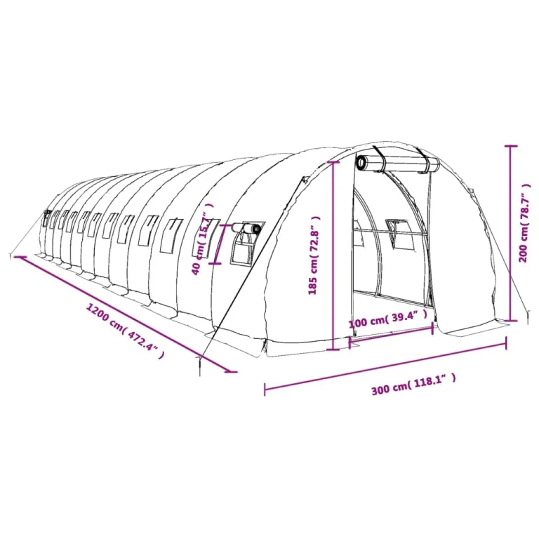 Gewächshaus mit Stahlrahmen Weiß 36 m² 12x3x2 m, UV-beständige PE-Folie, aufrollbare Fenster und Tür, wetterfestes Treibhaus für Gemüse, Tomaten, Frühbeet und Pflanzenüberwinterung – Bild 9