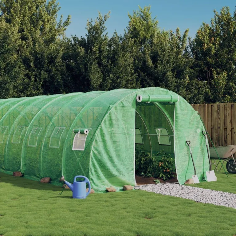 Gewächshaus mit Stahlrahmen Grün 30 m² 10x3x2 m, UV-beständige PE-Folie, aufrollbare Tür, vier Netzfenster, wetterfestes Gartenhaus zum Schutz von Pflanzen – Bild 1