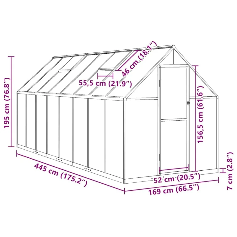 Gewächshaus mit Fundamentrahmen Aluminium 445x169x195 cm Treibhaus mit Polycarbonat Platten wetterfest mit Lüftungsfenster und Tür für Garten Gemüse Pflanzen Schutz Outdoor – Bild 8