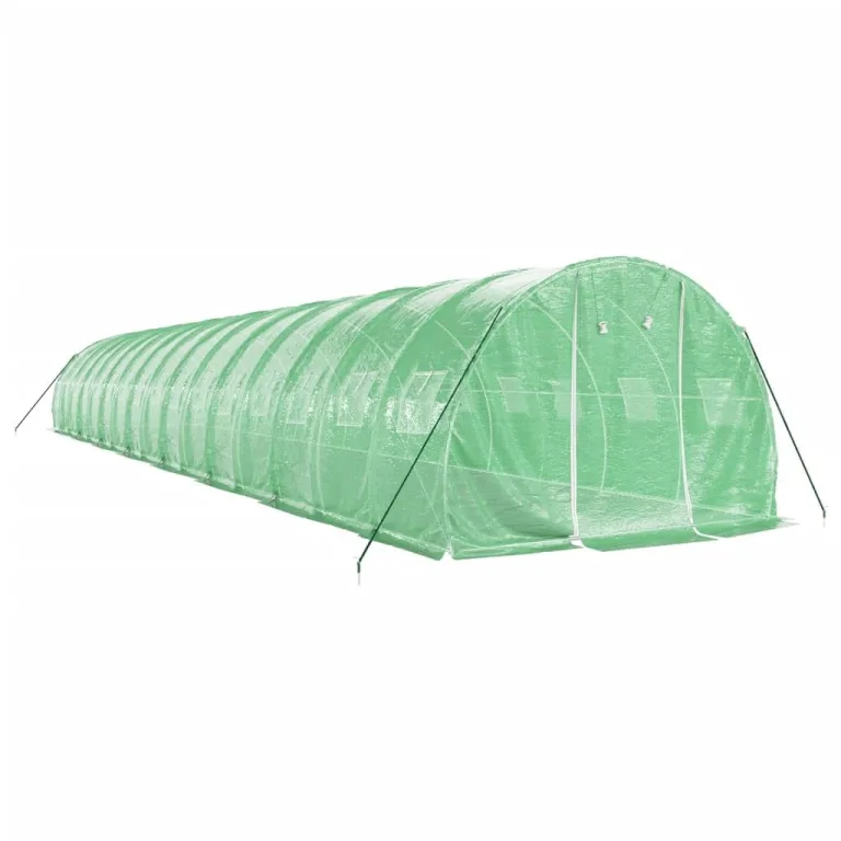 Gewächshaus mit Stahlrahmen und PE-Abdeckung Grün 16x3x2 m 48 m², mit aufrollbaren Netzfenstern und Reißverschlusstür für Garten, Outdoor Pflanzen Schutz und Gemüse Anzucht – Bild 2