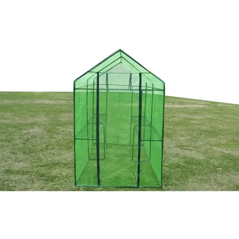 Gewächshaus Stahl XL mit pulverbeschichtetem Stahlrahmen, grüner reißfester PVC-Folie, Größe 120 x 240 x 190 cm, 2 Regale, wetterfestes Pflanzenhaus für Tomaten, Gemüseanbau, Balkon – Bild 3