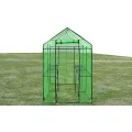 Gewächshaus Stahl XL mit pulverbeschichtetem Stahlrahmen, grüner reißfester PVC-Folie, Größe 120 x 240 x 190 cm, 2 Regale, wetterfestes Pflanzenhaus für Tomaten, Gemüseanbau, Balkon - Thumbnail 7