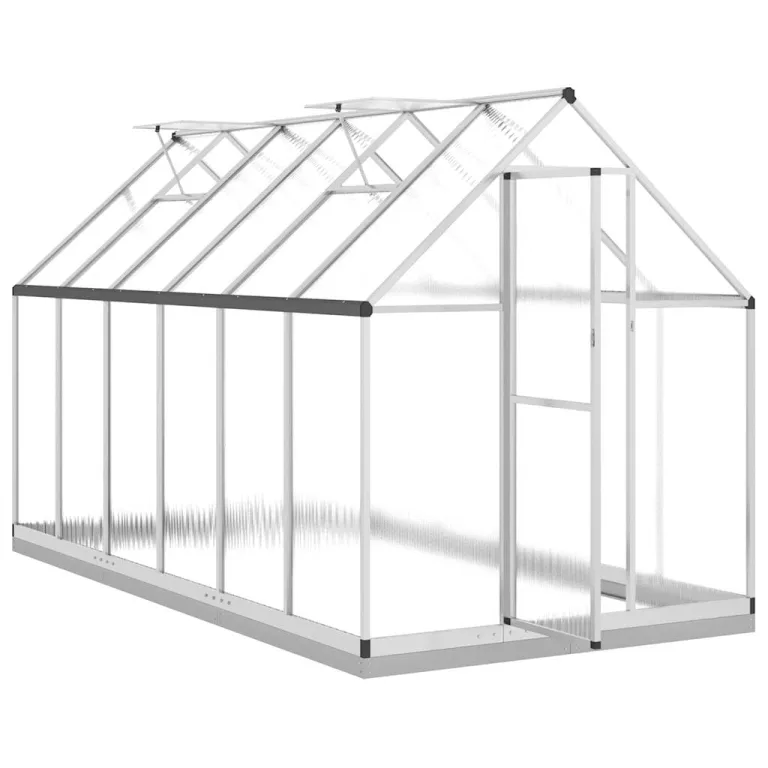 Gewächshaus mit Fundamentrahmen Silber 334x169x202cm Aluminium Polycarbonat Treibhaus mit Lüftungsfenster und Flügeltür für Garten Outdoor Pflanzen Schutz und Gemüseanbau – Bild 5