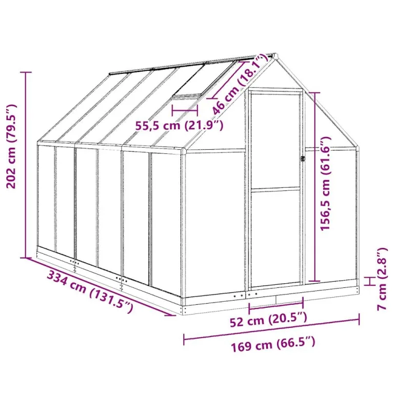 Gewächshaus mit Fundamentrahmen Silber 334x169x202cm Aluminium Polycarbonat Treibhaus mit Lüftungsfenster und Flügeltür für Garten Outdoor Pflanzen Schutz und Gemüseanbau – Bild 8