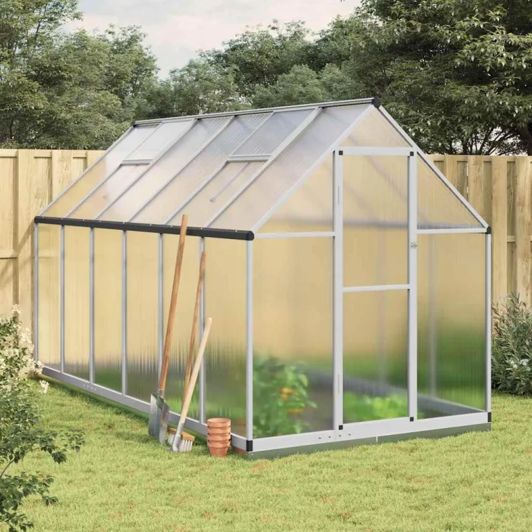 Gewächshaus mit Fundamentrahmen Silber 334x169x202cm Aluminium Polycarbonat Treibhaus mit Lüftungsfenster und Flügeltür für Garten Outdoor Pflanzen Schutz und Gemüseanbau – Bild 1