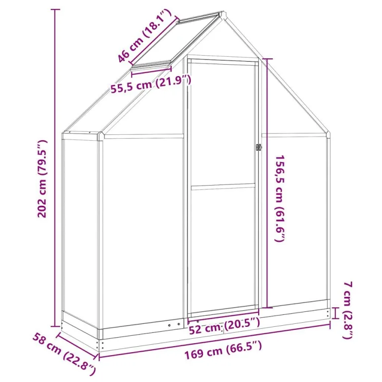 Gewächshaus mit Fundamentrahmen aus Aluminium, silbern, 169x58x202 cm, UV-beständige Polycarbonatplatten, mit Lüftungsfenster und Flügeltür – Bild 8