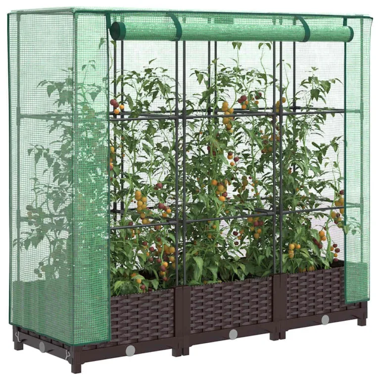 Hochbeet mit Gewächshaus-Aufsatz 120x40x123 cm, Frühbeet mit Reißverschluss aus Polypropylen und Eisenrohr-Rahmen, wasserfeste Polyethylen-Abdeckung, Rattan-Optik für Garten, – Bild 2