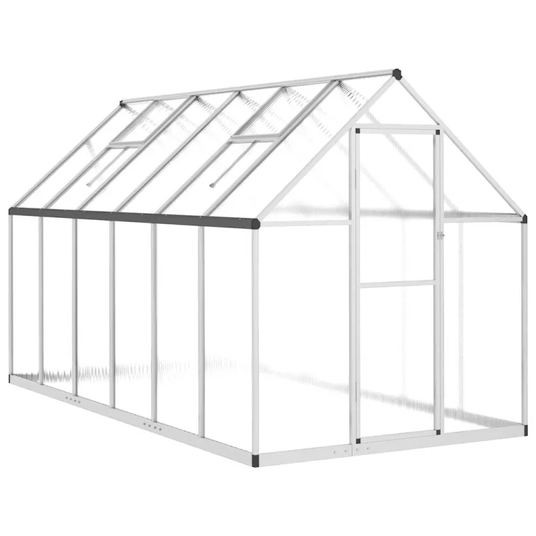 Aluminium-Gewächshaus mit Fundamentrahmen Silber 334x169x195cm, Polycarbonatplatten, Dachrinnensystem und 5-Fach verstellbarem Lüftungsfenster für Hobbygartenbau – Bild 1
