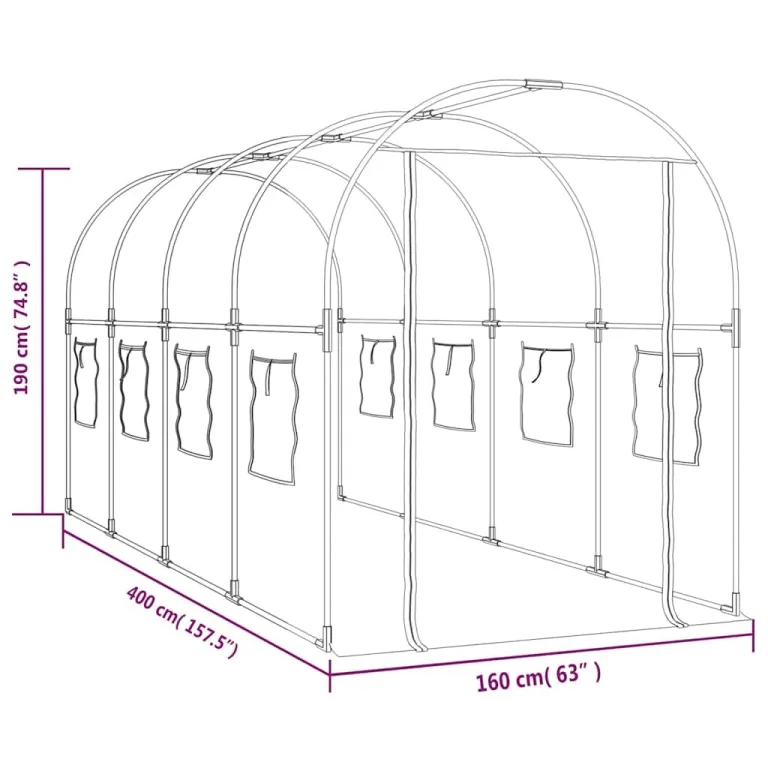 Gewächshaus Transparent 160 x 400 x 190 cm PVC und Stahl, Folientunnel mit 8 Fenstern, Tür und Lüftung für Tomatenhaus, Frühbeet, Pflanzhaus, Anzucht, Überwinterung, Frostschutz im Garten – Bild 5