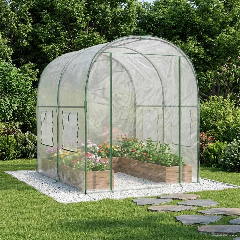 Gewächshaus Transparent 160 x 400 x 190 cm PVC und Stahl, Folientunnel mit 8 Fenstern, Tür und Lüftung für Tomatenhaus, Frühbeet, Pflanzhaus, Anzucht, Überwinterung, Frostschutz im Garten – Bild 6