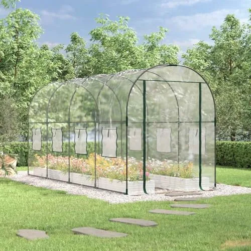 Gewächshaus Transparent 160 x 400 x 190 cm PVC und Stahl, Folientunnel mit 8 Fenstern, Tür und Lüftung für Tomatenhaus, Frühbeet, Pflanzhaus, Anzucht, Überwinterung, Frostschutz im Garten – Bild 7