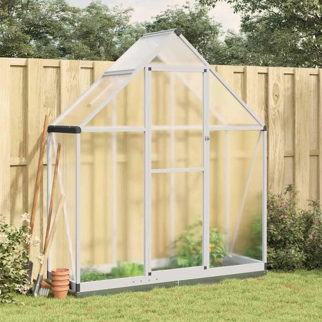 Gewächshaus mit Fundamentrahmen Silbern 169x58x202cm Aluminium Polycarbonat 4 mm, Treibhaus mit Lüftungsfenster und Flügeltür, Schutz für Anzucht überwinterung im Garten