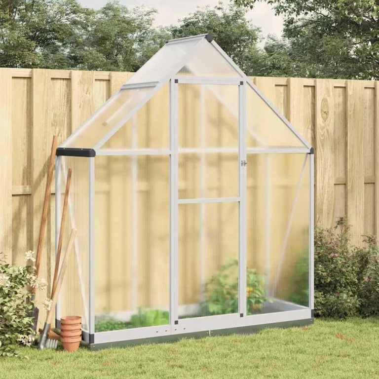 Gewächshaus mit Fundamentrahmen Silbern 169x58x202cm Aluminium Polycarbonat 4 mm, Treibhaus mit Lüftungsfenster und Flügeltür, Schutz für Anzucht überwinterung im Garten – Bild 1