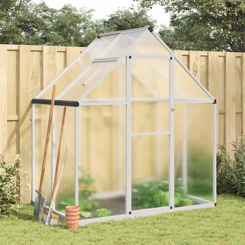 Gewächshaus mit Fundamentrahmen aus Aluminium, 169 x 114 x 195 cm, silbern, Polycarbonat 4 mm, UV-beständig, mit Regenrinnen, Lüftungsfenster und Flügeltür für Hobbygartenbau - Bild 1
