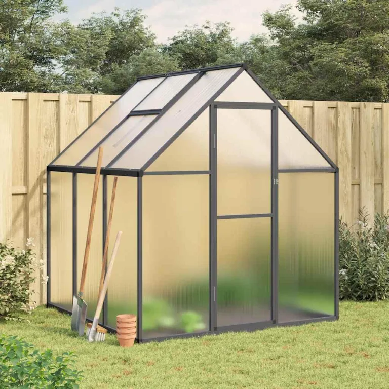 Gewächshaus mit Fundamentrahmen aus Aluminium, anthrazit, 169 x 169 x 195 cm, 4 mm Polycarbonat, UV-beständig, mit Lüftungsfenster, Regenrinnen, für Garten und Beet – Bild 1