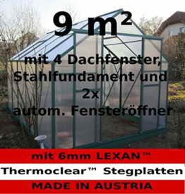 9m² PROFI ALU Gewächshaus Glashaus Treibhaus inkl. Stahlfundament u. 4 Fenster, mit 6mm Hohlkammerstegplatten - (Platten MADE IN AUSTRIA) inkl. 2 autom. Fensteröffner von AS-S - 1