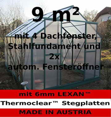 9m² PROFI ALU Gewächshaus Glashaus Treibhaus inkl. Stahlfundament u. 4 Fenster, mit 6mm Hohlkammerstegplatten - (Platten MADE IN AUSTRIA) inkl. 2 autom. Fensteröffner von AS-S - 1