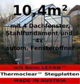 Komplettset: 10,4m² PROFI ALU Gewächshaus Glashaus Treibhaus inkl. Stahlfundament u. 4 Fenster, mit 6mm Hohlkammerstegplatten - (Platten MADE IN AUSTRIA/EU) inkl. 4 autom. Fensteröffner von AS-S - 1