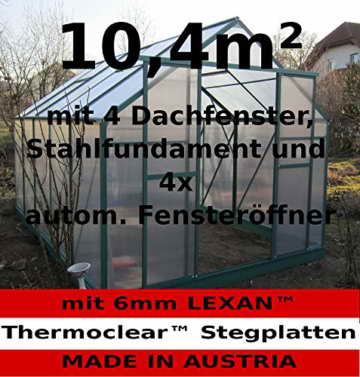 Komplettset: 10,4m² PROFI ALU Gewächshaus Glashaus Treibhaus inkl. Stahlfundament u. 4 Fenster, mit 6mm Hohlkammerstegplatten - (Platten MADE IN AUSTRIA/EU) inkl. 4 autom. Fensteröffner von AS-S - 1