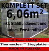 KOMPLETTSET: 6,06m² ALU Aluminium Gewächshaus Glashaus Tomatenhaus, 6mm Hohlkammerstegplatten - (Platten MADE IN AUSTRIA/EU) m. Stahlfundament, 1 Fenster mit autom. Fensteröffner von AS-S - 1