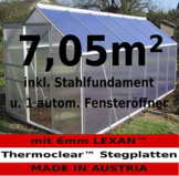KOMPLETTSET: 7,05m² ALU Aluminium Gewächshaus Glashaus Tomatenhaus, 6mm Hohlkammerstegplatten - (Platten MADE IN AUSTRIA/EU) m. Stahlfundament 2 Fenster und 1 autom. Fensteröffner von AS-S - 1