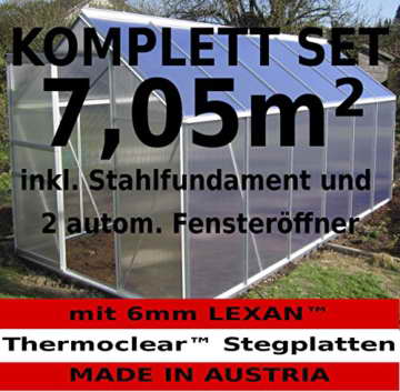KOMPLETTSET: 7,05m² ALU Aluminium Gewächshaus Glashaus Tomatenhaus, 6mm Hohlkammerstegplatten - (Platten MADE IN AUSTRIA/EU) m. Stahlfundament, 2 Fenster mit 2 autom. Fensteröffner von AS-S - 1